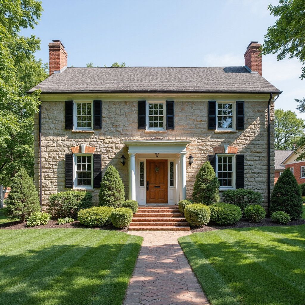 Two-story stone house with black shutters, brown door, and brick walkway. Green lawn and shrubs.