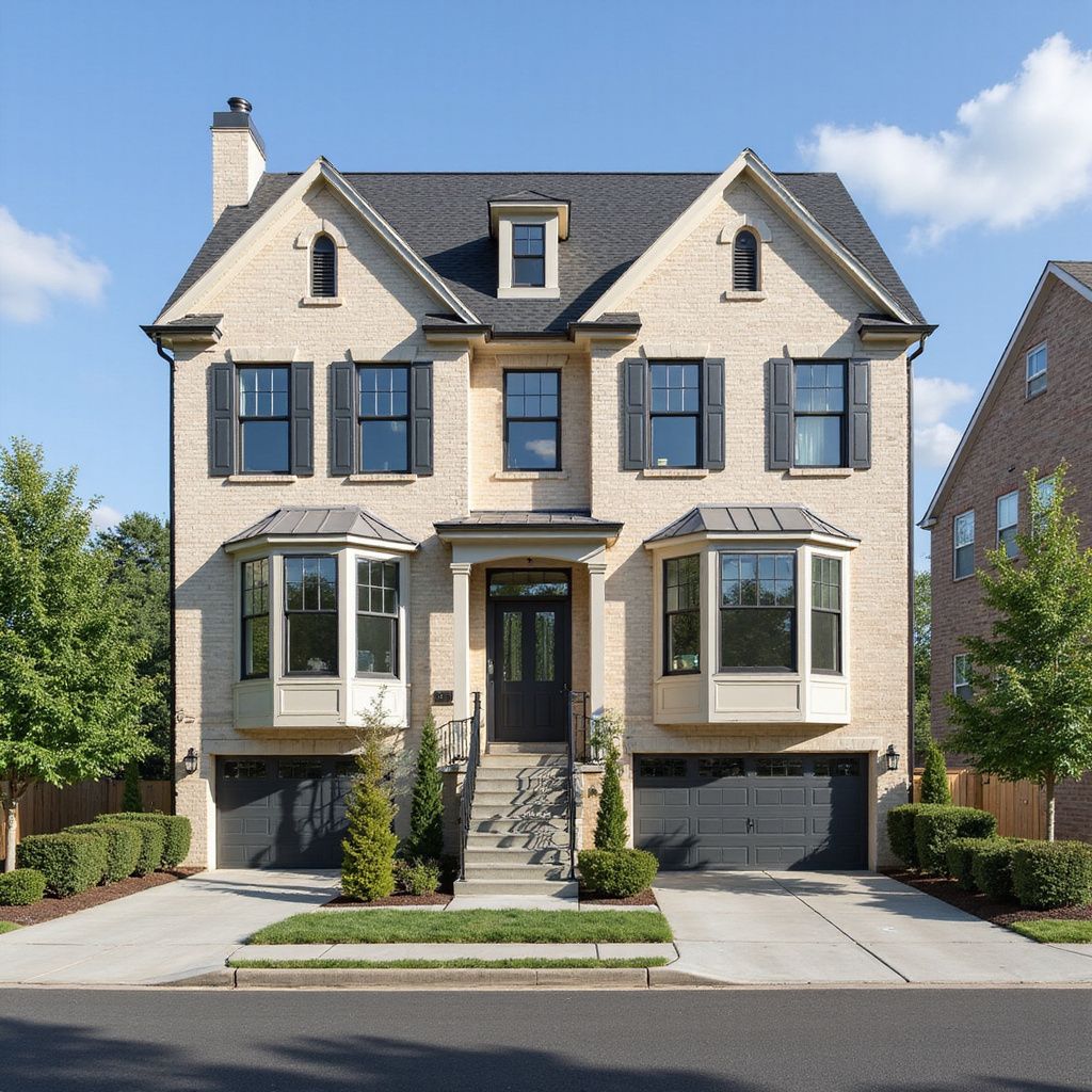 Two-story beige brick house with black shutters and garage doors under a blue sky.