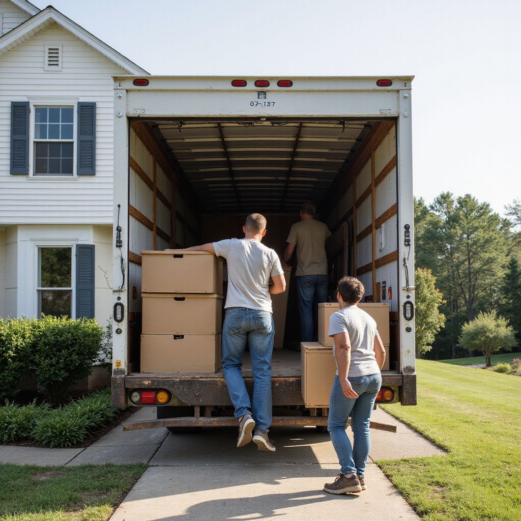 Three people loading boxes into a moving truck parked in a driveway in front of a house.