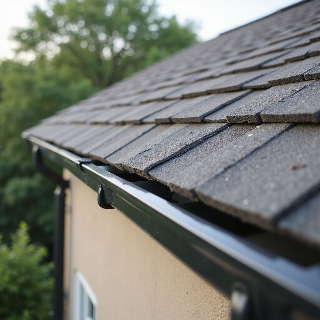Close-up of a house roof with dark gray shingles and black gutter, against a blurred green tree backdrop.