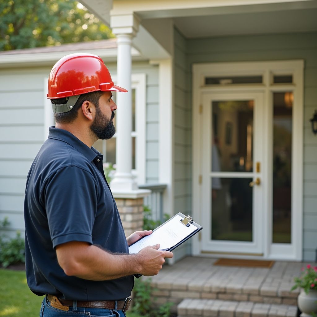 Man in hard hat inspecting a house, holding clipboard.