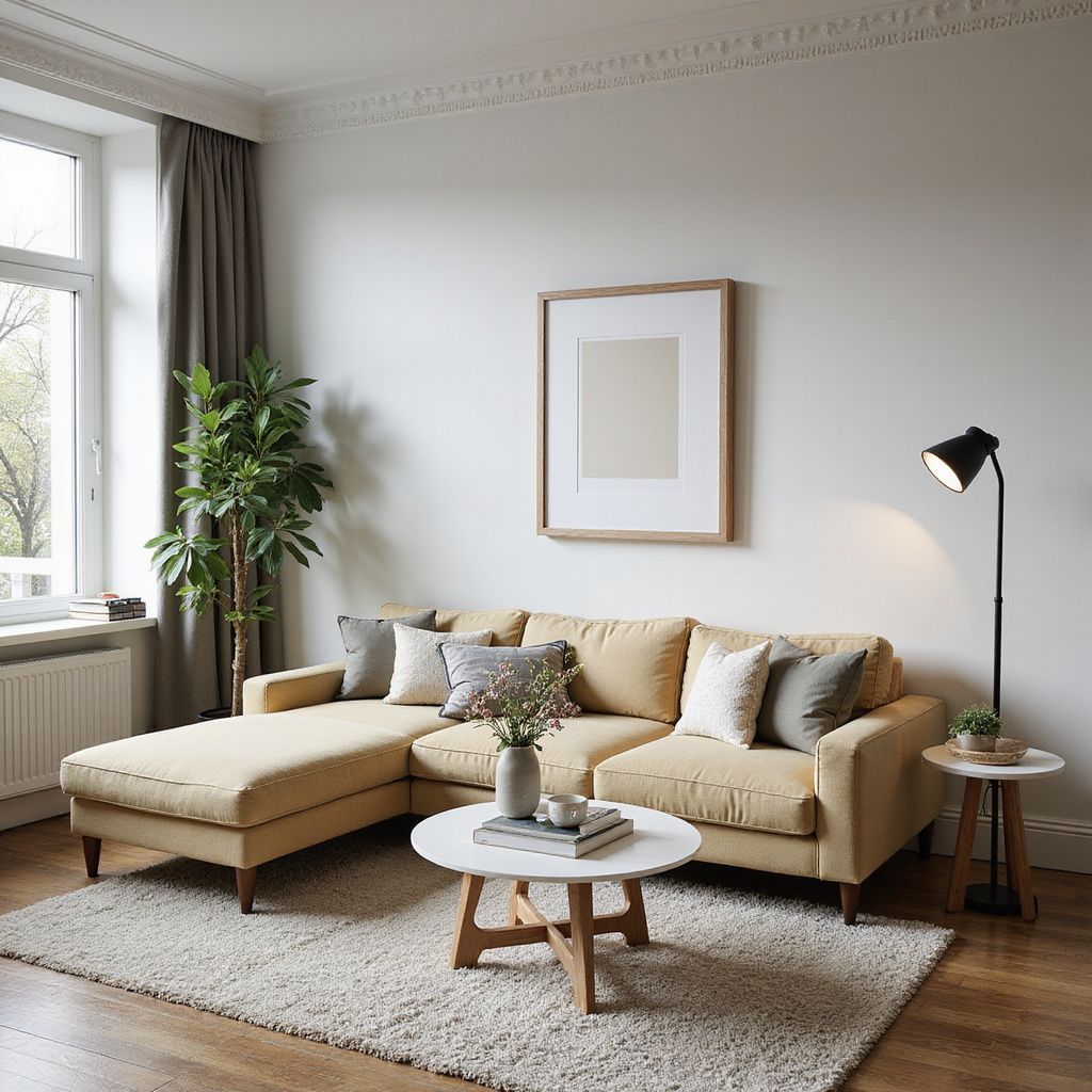 Cozy living room with a yellow sectional sofa, rug, and wooden coffee table.