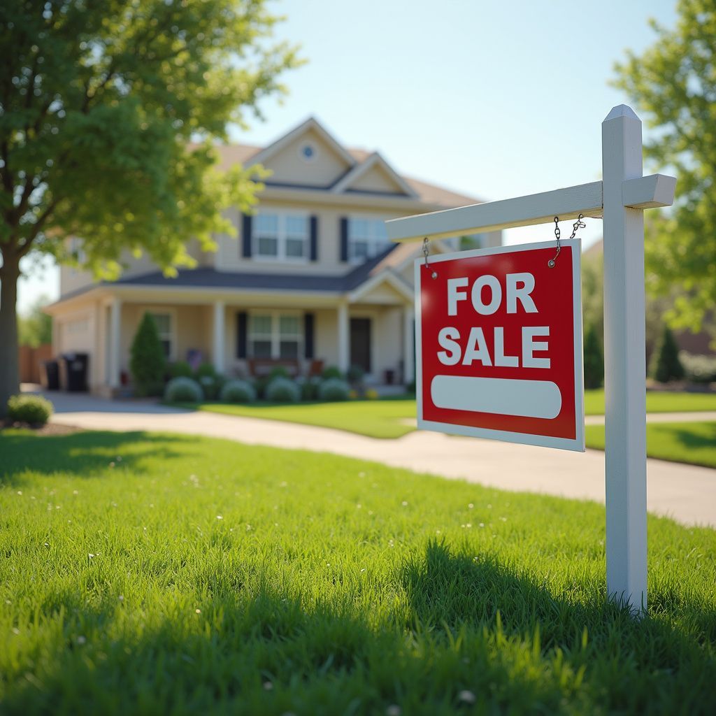 House for sale with "FOR SALE" sign on green lawn.