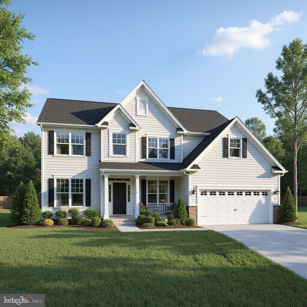 White two-story house with black shutters, a dark roof, and a two-car garage under a blue sky.