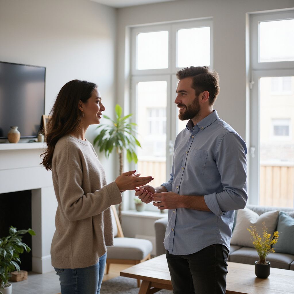 Woman and man talking in a living room, gesturing with hands, smiling.