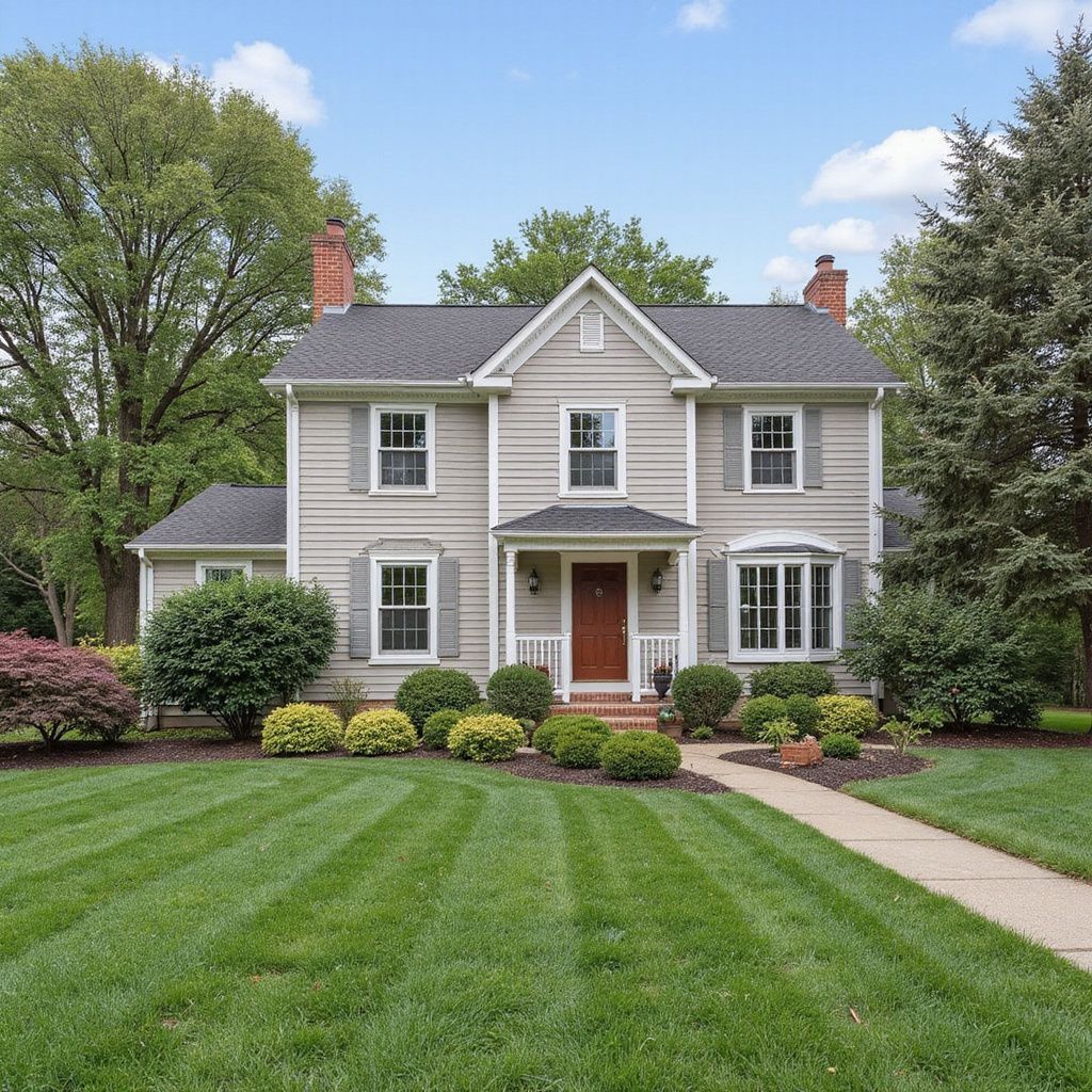 Two-story house with gray siding, a red door, and a well-manicured lawn.