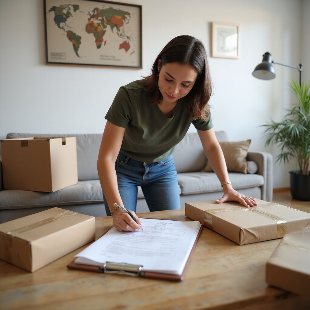 Woman writing on clipboard, surrounded by cardboard boxes, indoors.