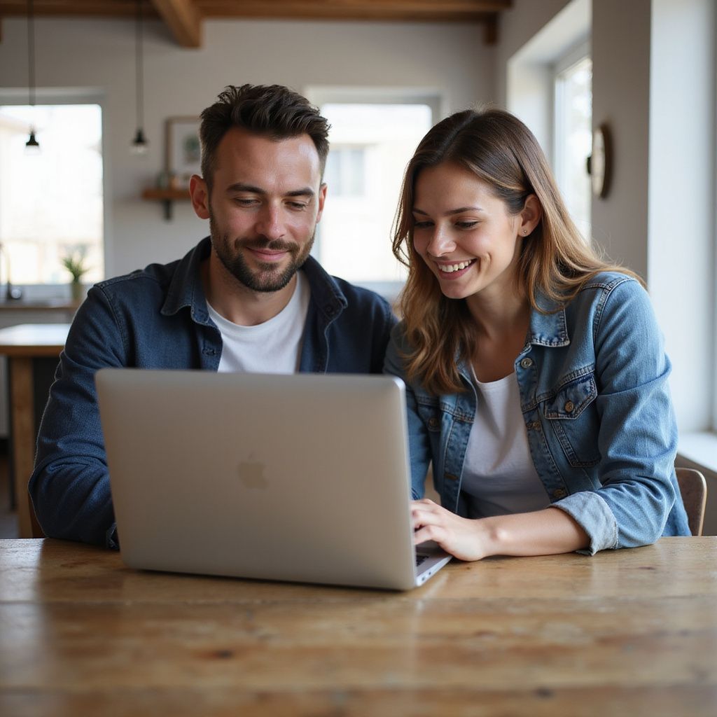 Couple smiling at a laptop, sitting at a wooden table in a well-lit room.