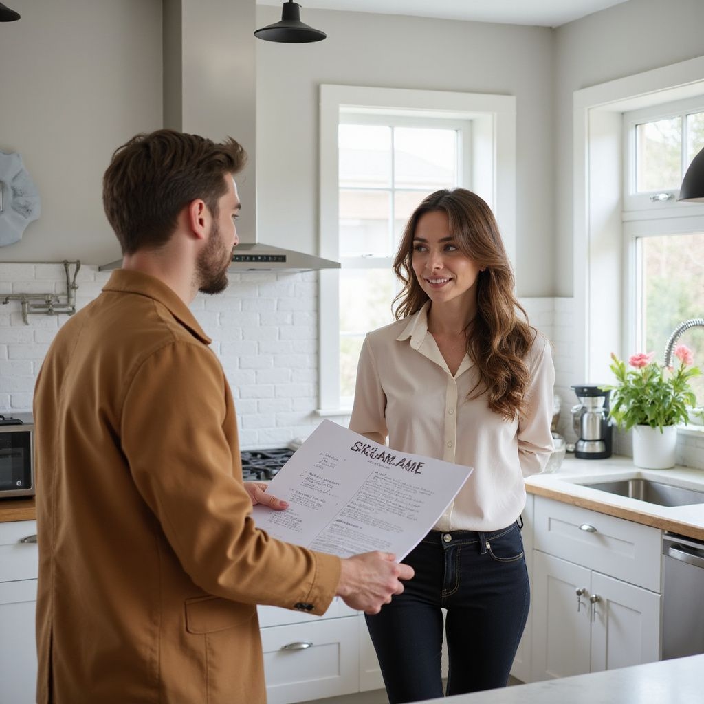 Woman in kitchen, looking at man holding a document. White cabinets, stainless appliances, light-filled space.