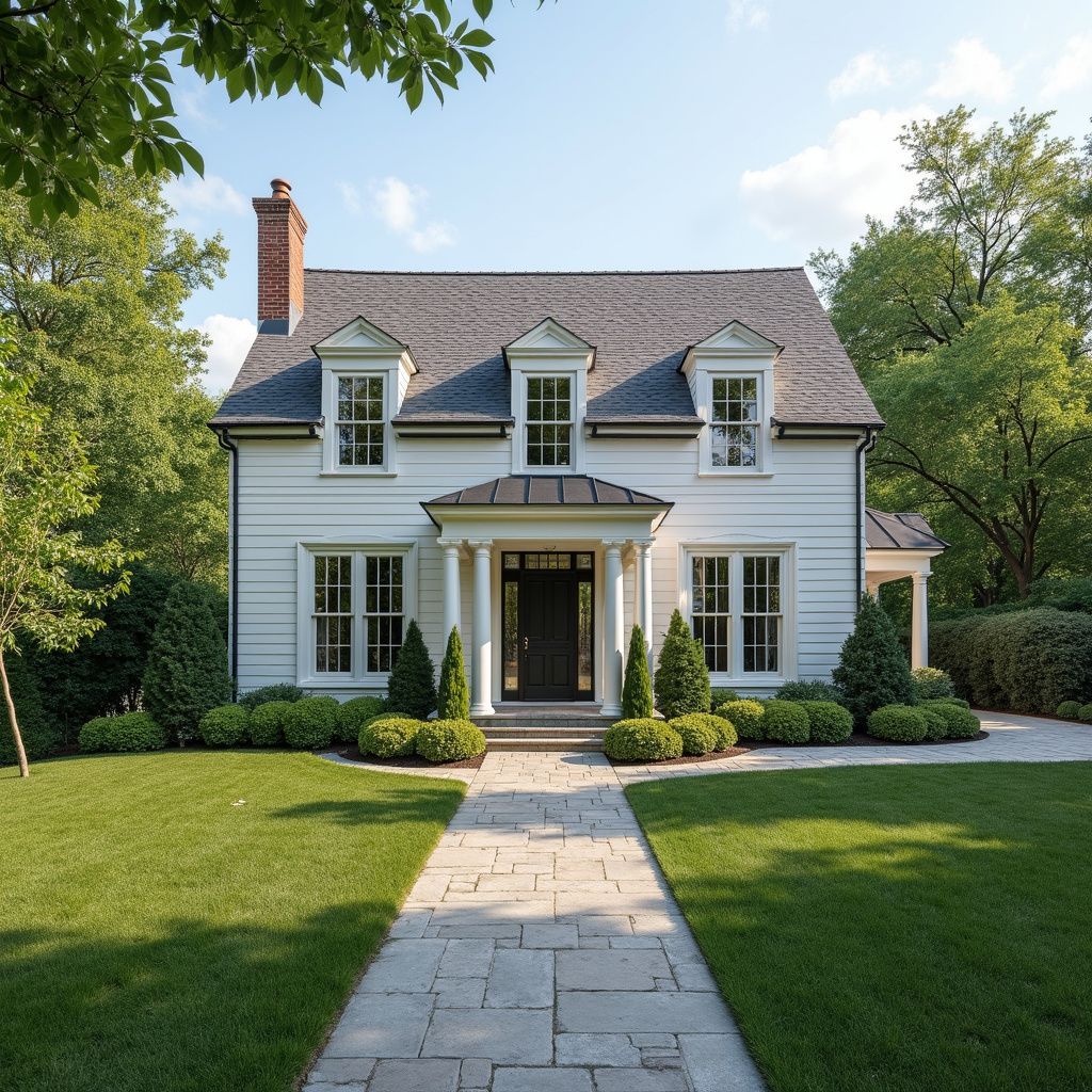 White two-story house with black door, brick chimney, and stone walkway; surrounded by green grass and trees.