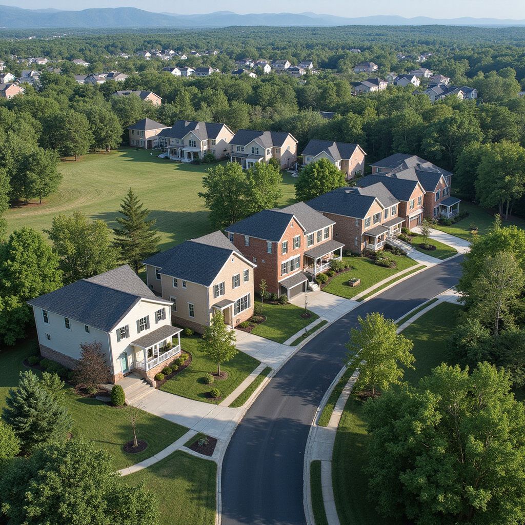 Aerial view of a suburban neighborhood with houses, trees, a curving road, and green lawns.