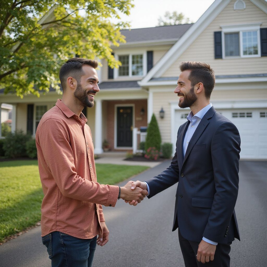 Two men shake hands in front of a house; a deal is made.