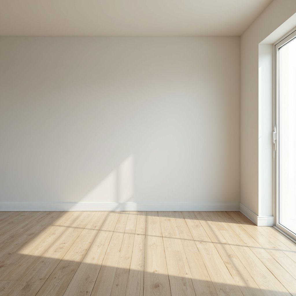 Empty room with light wood floor, white walls, and a window letting in sunlight.