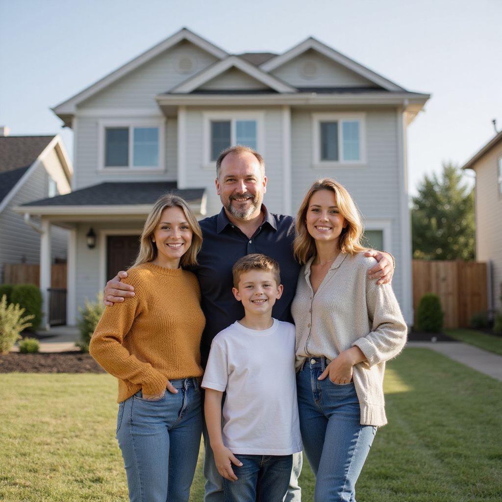 Family of four standing in front of a light blue house, smiling, posing for a photo.