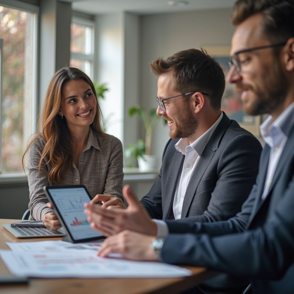 Three business people at table, looking at tablet with graphs and smiling.