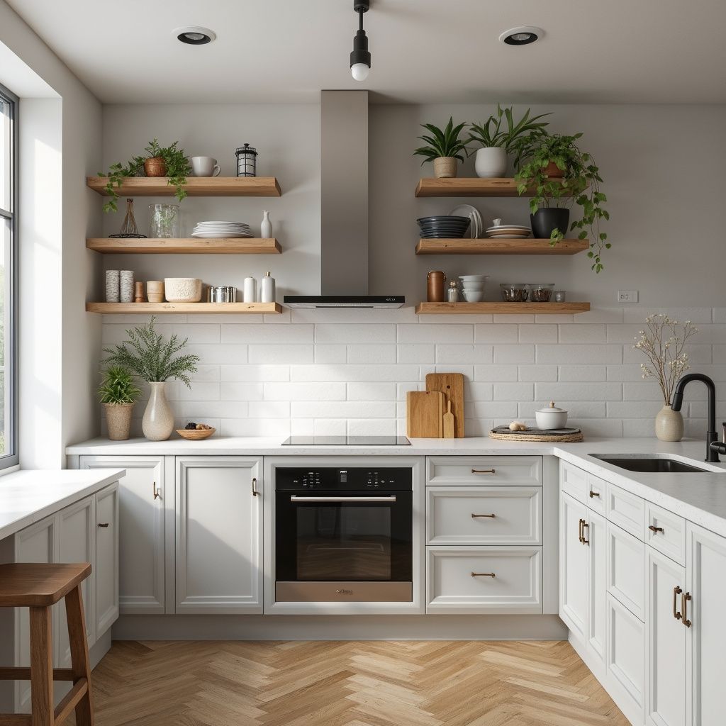 Bright white kitchen with wooden shelves, plants, and white cabinets. Features wooden floor, black oven, and sink.