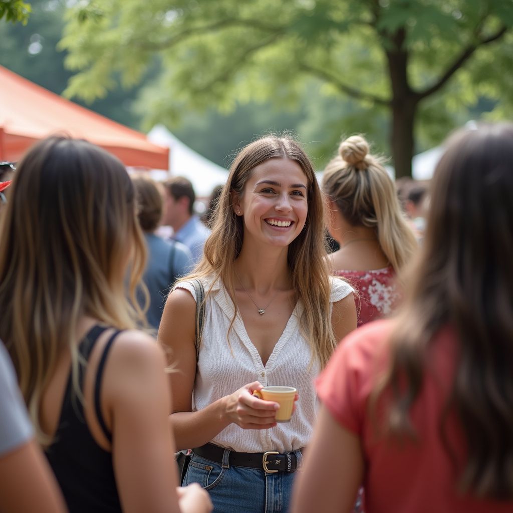 Woman smiling, holding a cup, talking to friends outdoors. Festival setting, sunny, blurred background.
