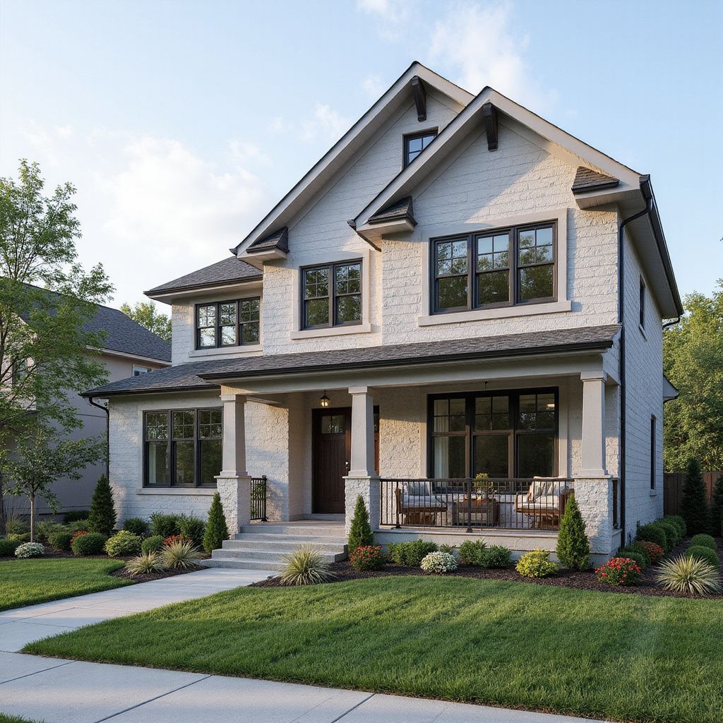 Two-story, light brick house with black windows, a porch, and green lawn.