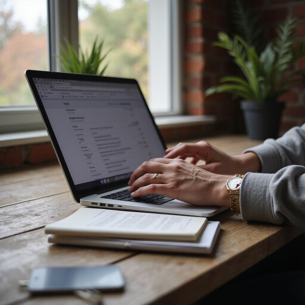 Person typing on a laptop at a wooden table near a window, with a notebook, phone, and potted plants.