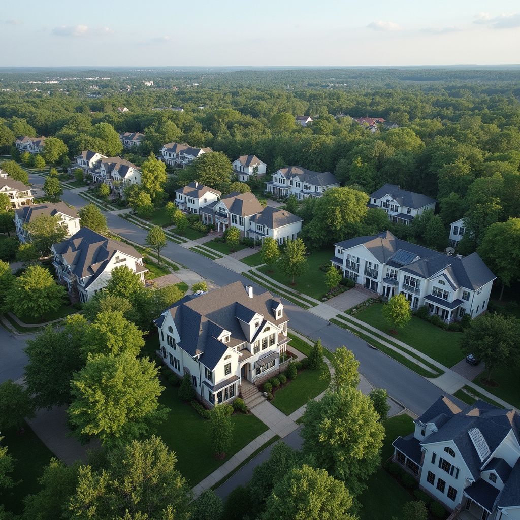 Aerial view of a suburban neighborhood with houses and lush green trees. Gray roofs and white houses.
