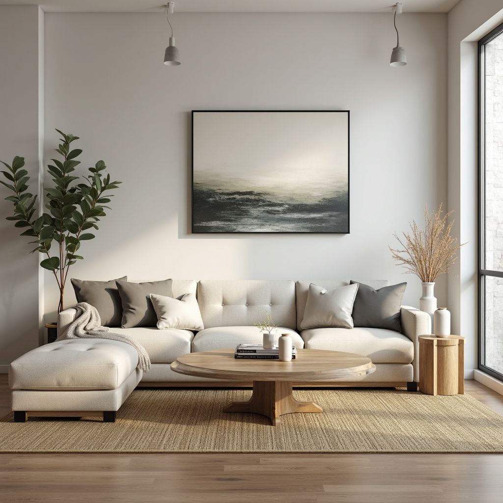 Living room with cream-colored couch, coffee table, rug, artwork, and tall plant next to a window.