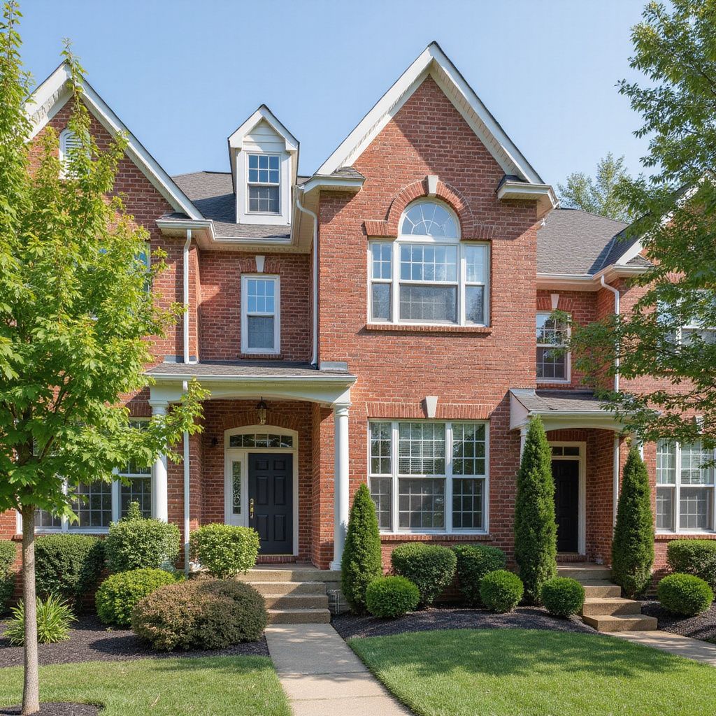 Red brick townhouse with black doors, white windows, and manicured landscaping under a blue sky.