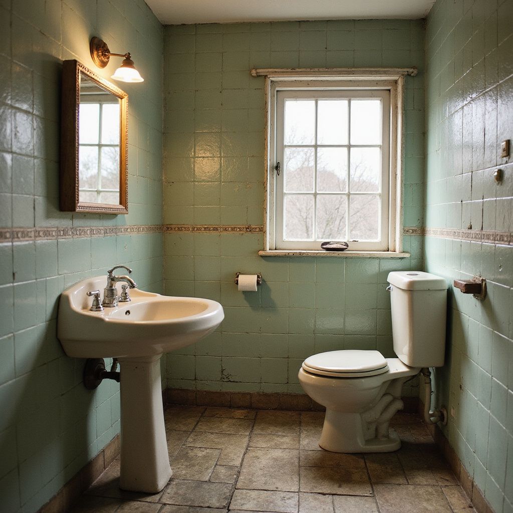 Small, aged bathroom with turquoise tiles, pedestal sink, and toilet; a window and mirror are visible.