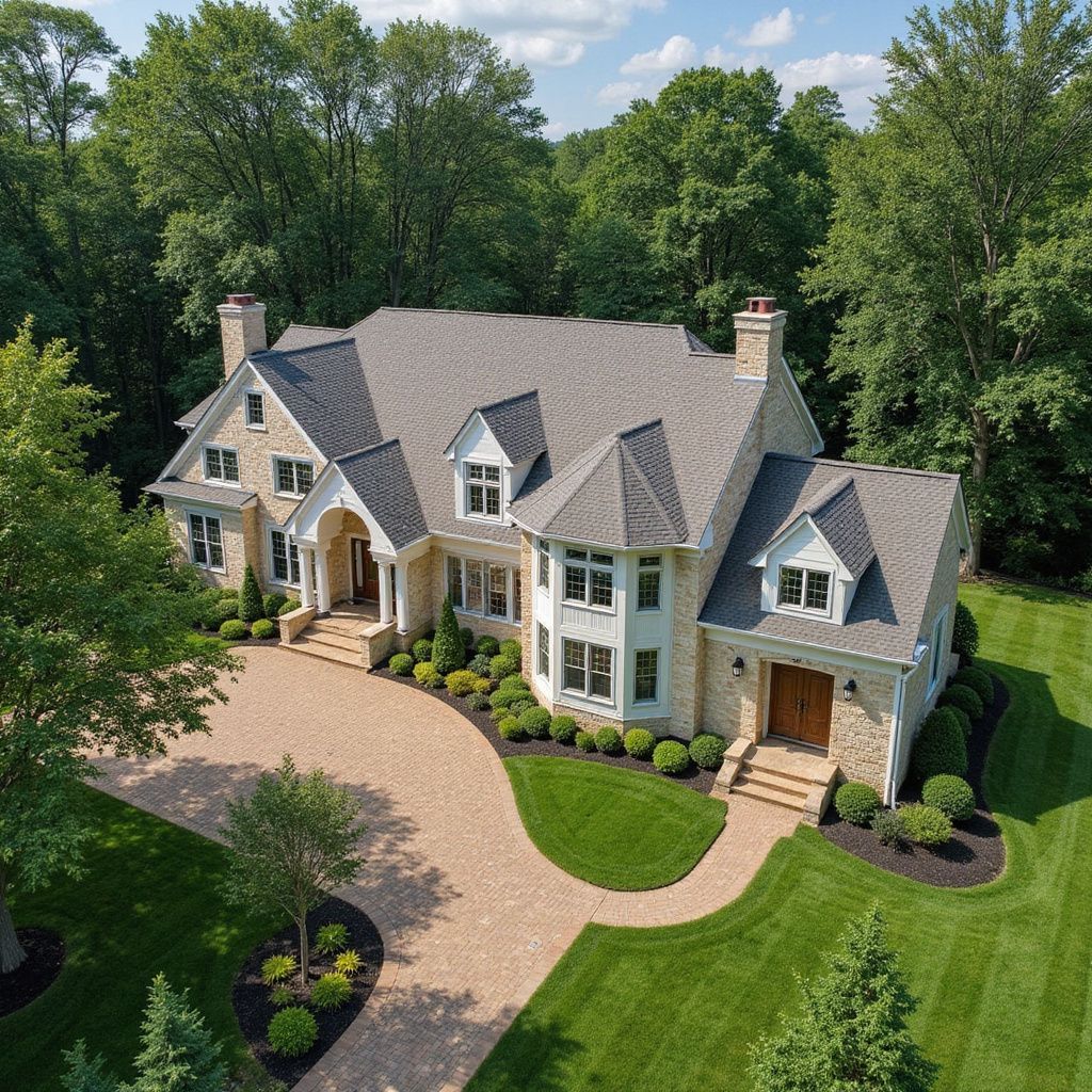 Large stone house with a circular driveway, surrounded by green lawns and mature trees.