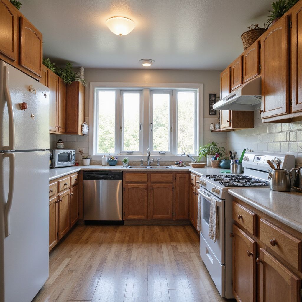 U-shaped kitchen with light wood cabinets, stainless steel appliances, and a window above the sink.
