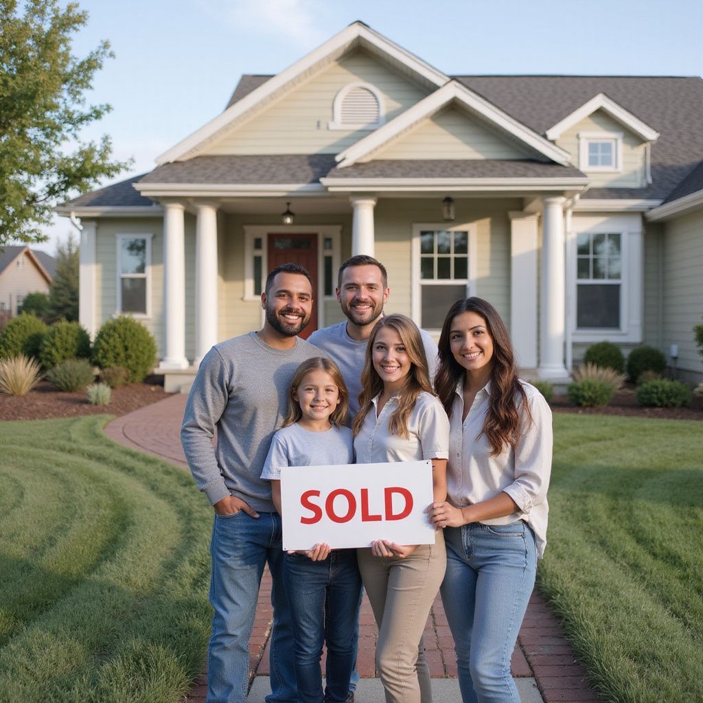 Family standing in front of new home, holding 