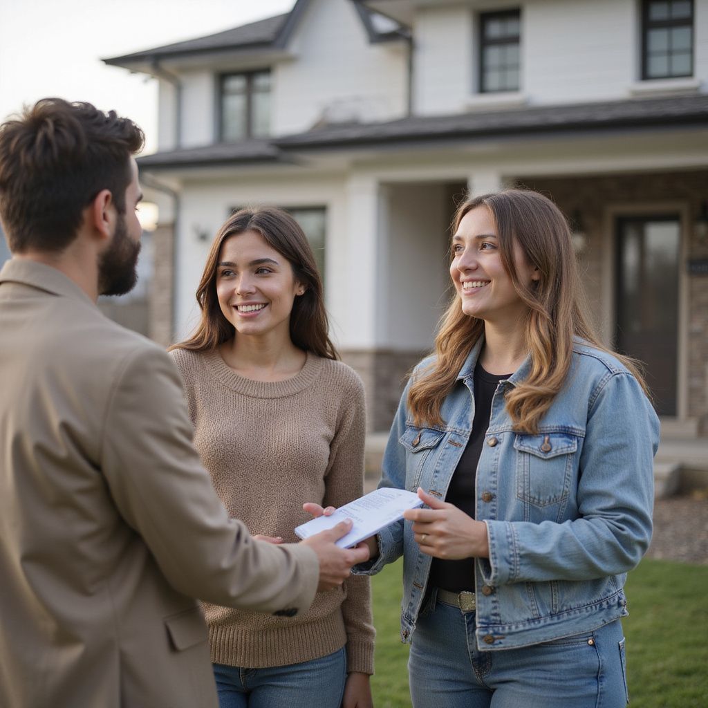 Real estate agent handing documents to two women in front of a house.