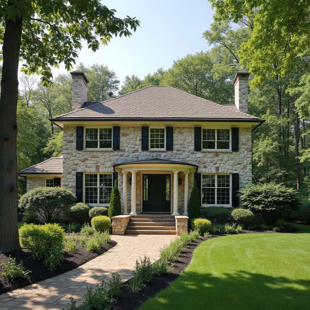 Stone house with black shutters, green lawn, trees, and a brick pathway.