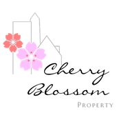 Logo: Cherry blossom flowers next to outline of buildings;