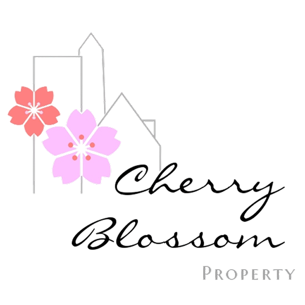 Logo of Cherry Blossom Property with pink flowers and building silhouettes.