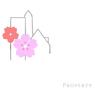 Cherry blossoms in pink and red in front of a gray cityscape, with