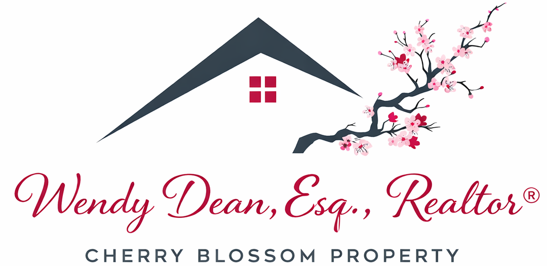 Logo: Cherry blossom flowers next to outline of buildings;