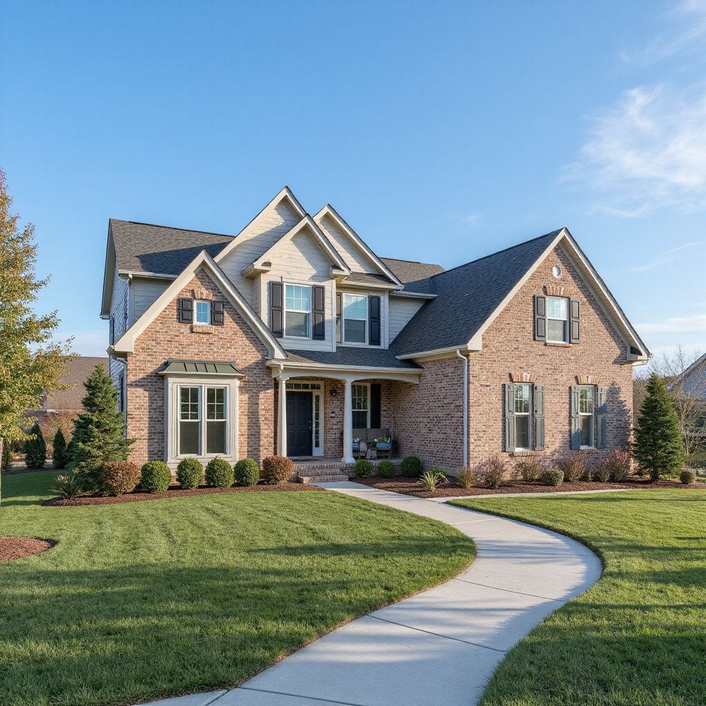 Brick house with a gray roof and black shutters, set on a green lawn with a curved sidewalk.