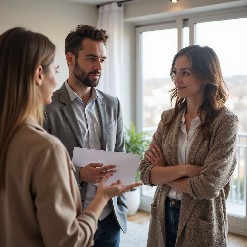 Three people in a room discussing paperwork; one woman gestures, the other two listen.