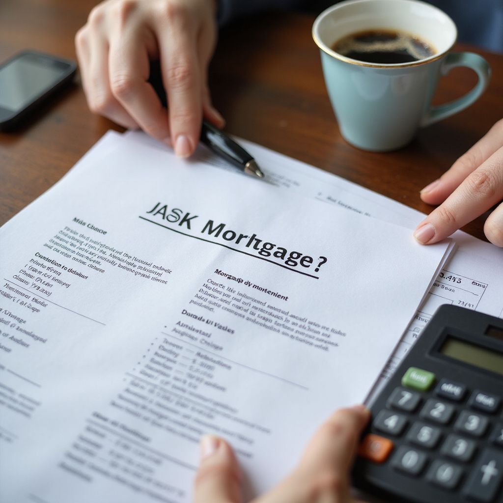 Hands reviewing mortgage document; calculator and coffee cup on table.