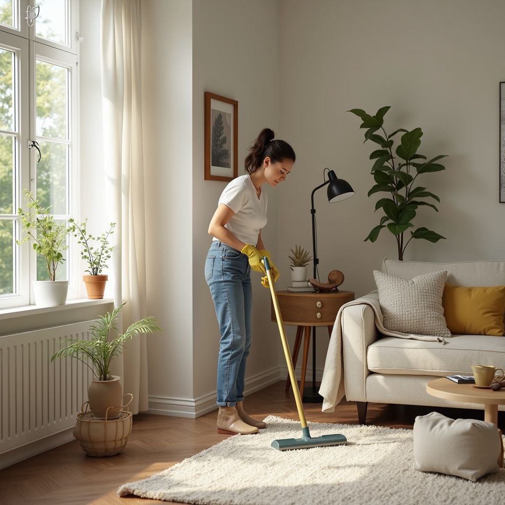 Woman mopping a rug in a bright living room, wearing gloves and casual clothes.