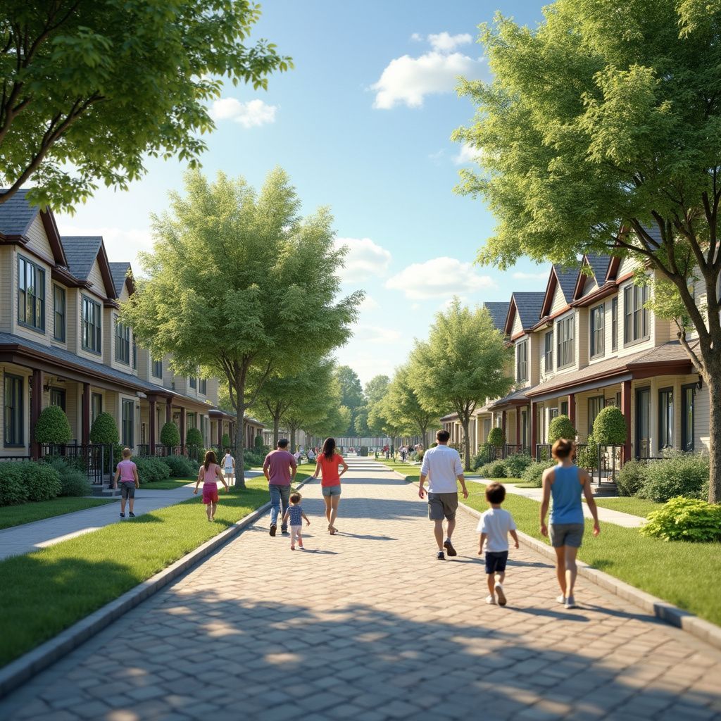 Row of townhouses with people walking on a brick pathway, lined with trees on a sunny day.