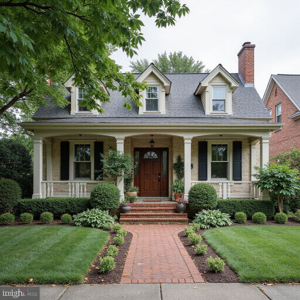 Curb appeal of a charming house with a brick walkway and well-manicured lawn.
