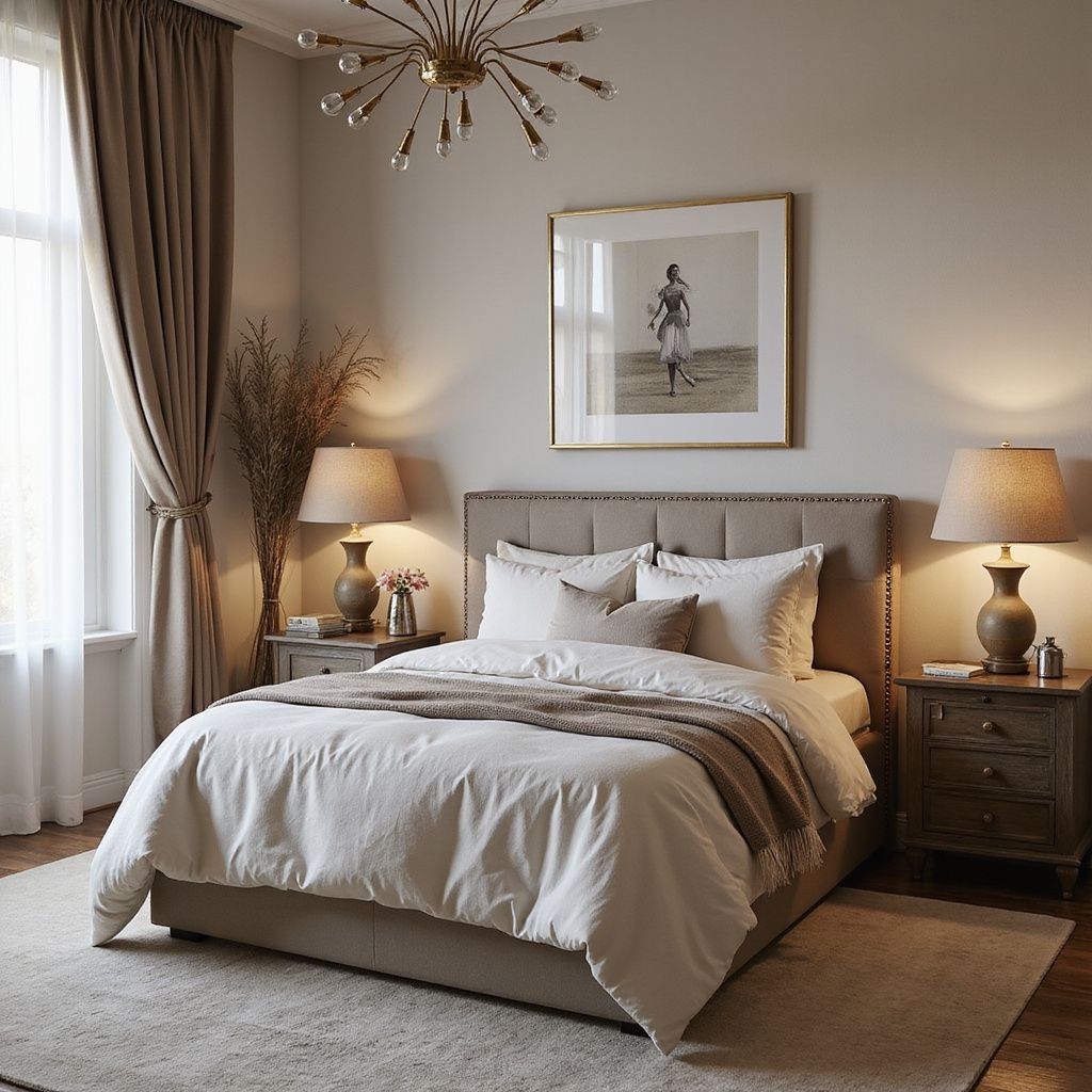 Bedroom with neutral color scheme, bed, bedside tables with lamps, window with drapes, and artwork.