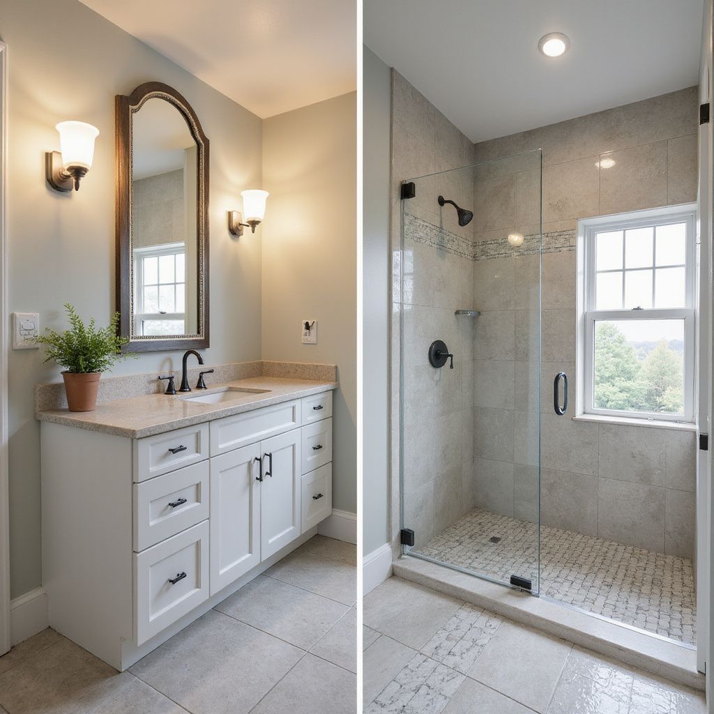 Bathroom with white vanity, arched mirror, and glass shower.