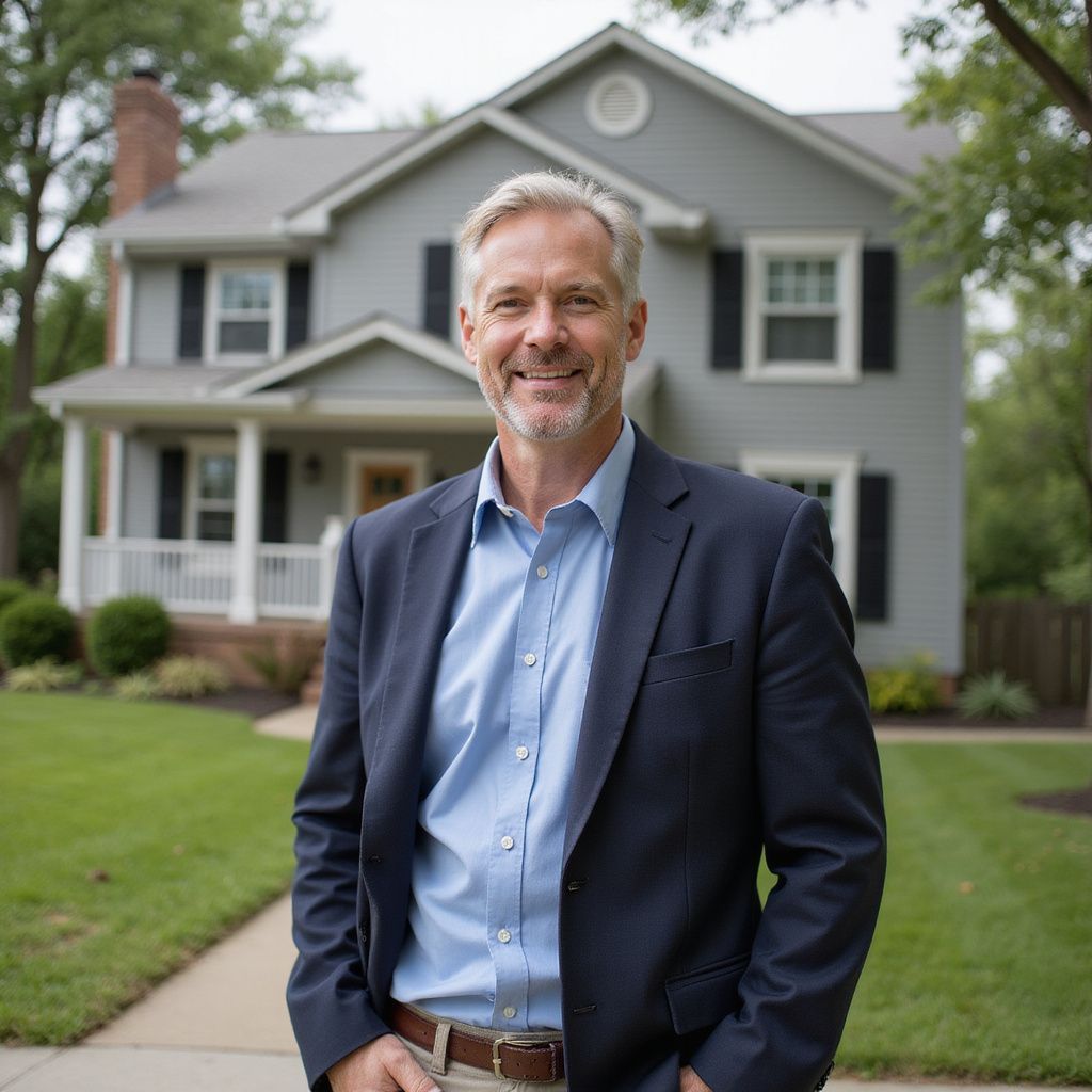 Man in blue shirt and blazer stands in front of a house, smiling.