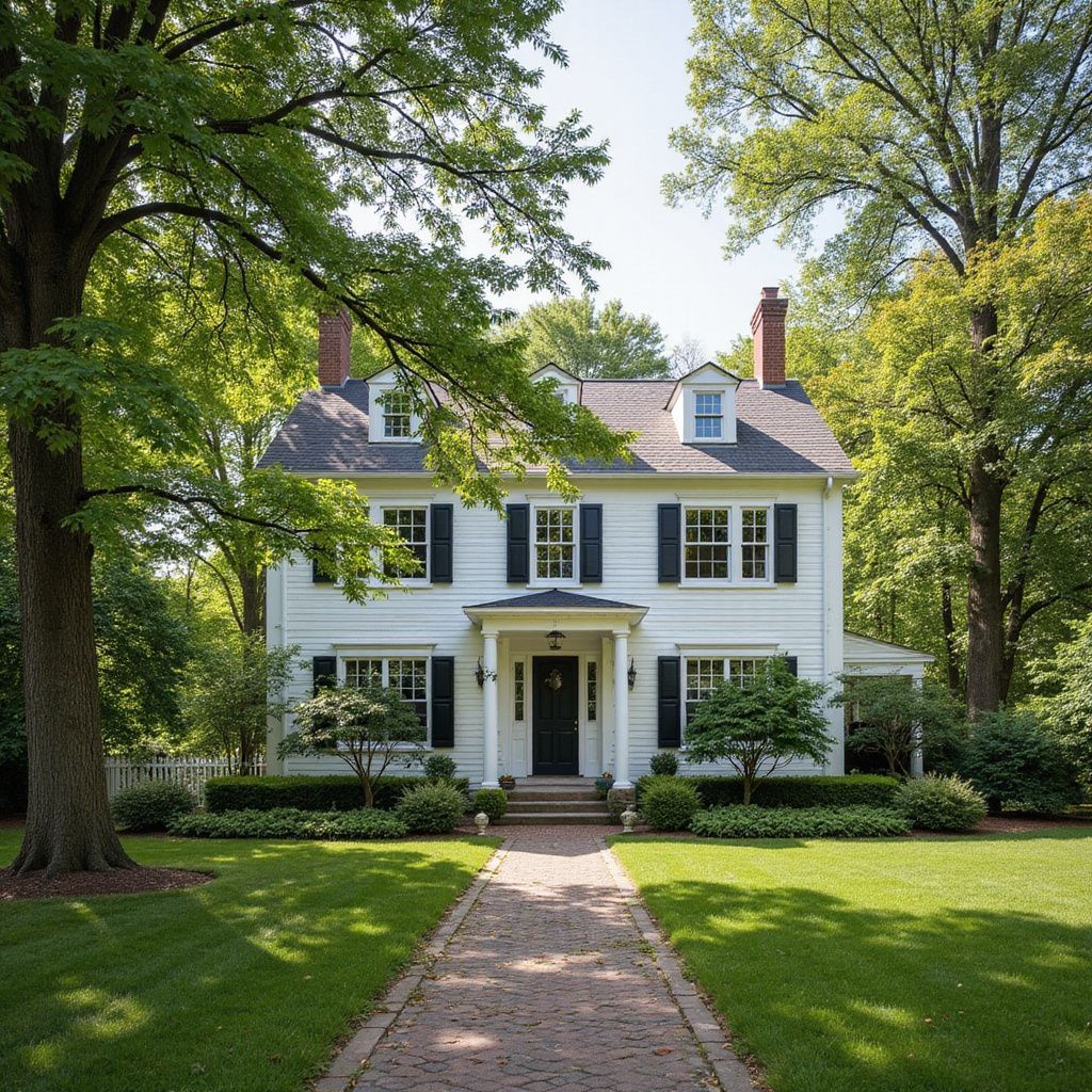 White two-story house with black shutters, brick path, and green lawn, surrounded by trees.