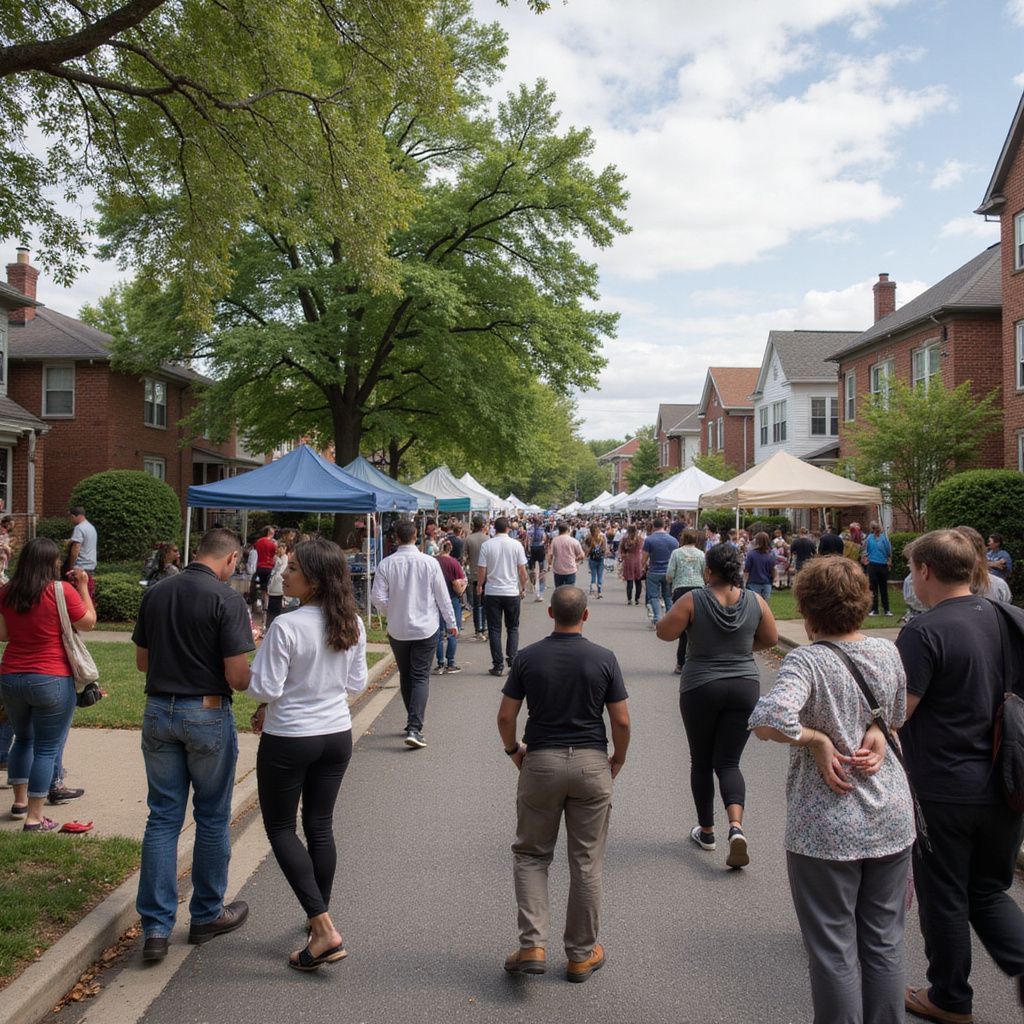 Street fair with people walking between booths set up on a residential street.