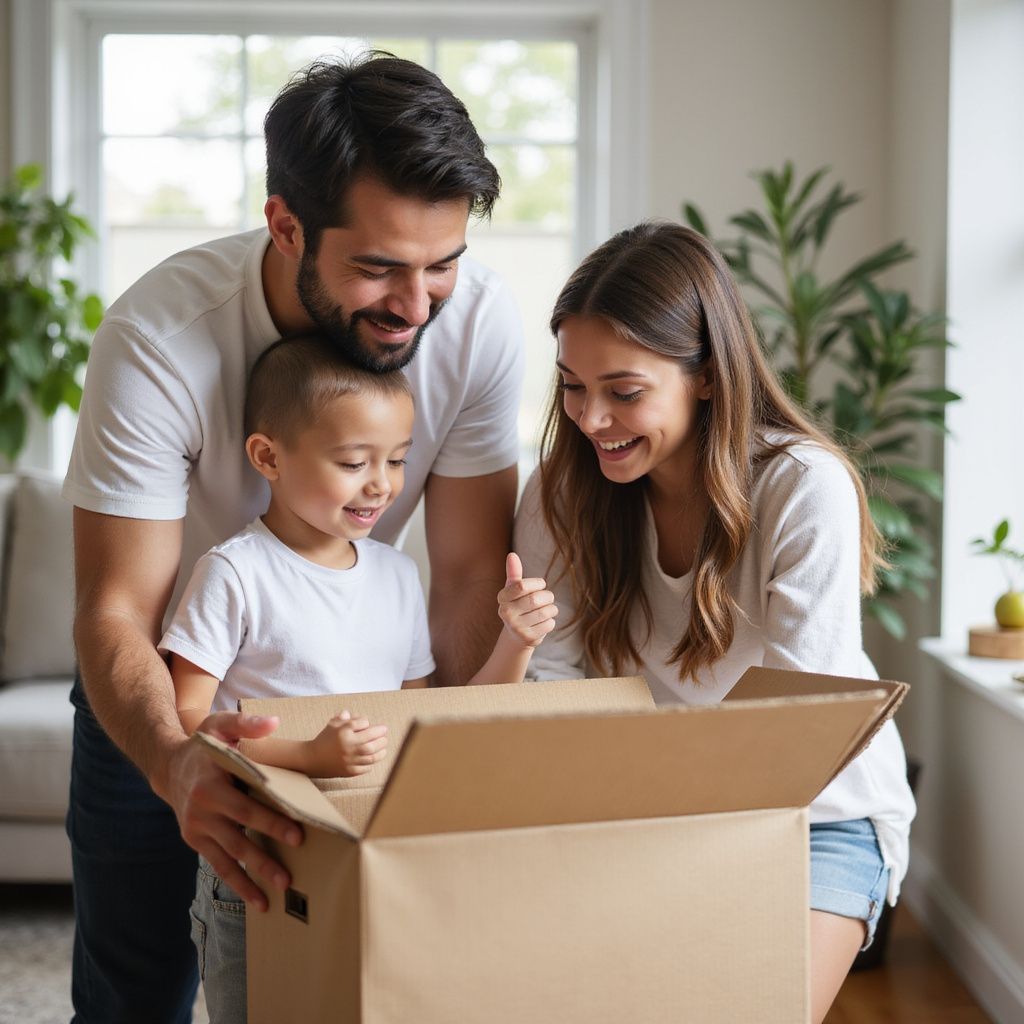 Family opens a cardboard box in a bright room, smiling and looking inside.