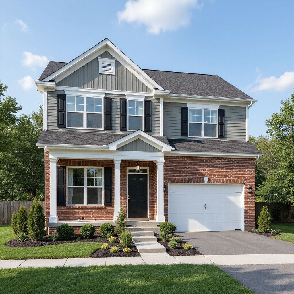 Two-story house with brick and gray siding, black shutters, and a white garage door, on a sunny day.