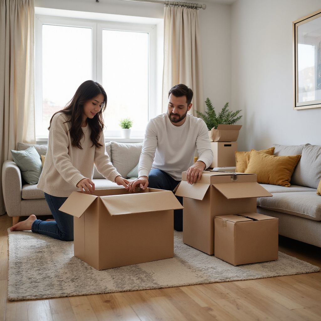 Couple unpacking cardboard boxes in a living room; preparing to move.